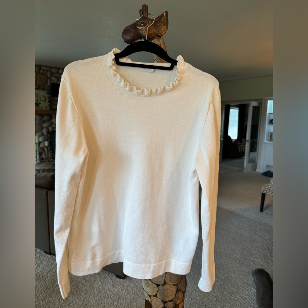 J. Crew white ruffle-edged sweater, size Large.